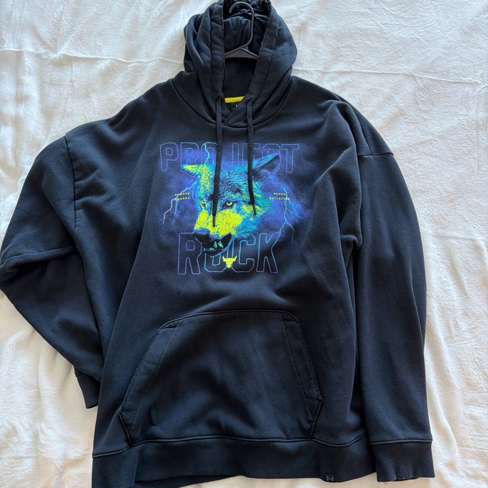 Under Armour Black Hoodie with Blue and Yellow Wolf Graphic